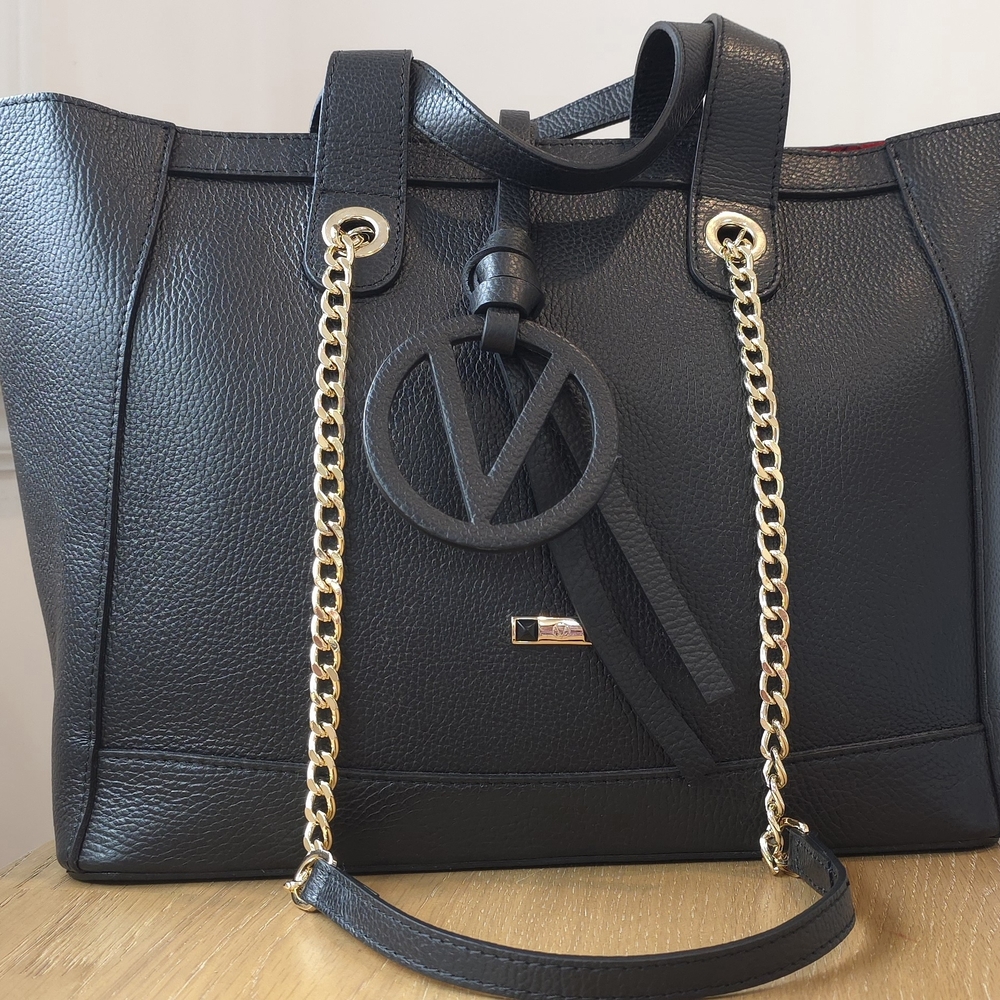Black Leather Tote Bag with Gold Chain by Valentino